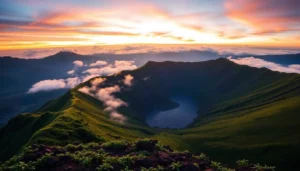 Hiking Mount Rinjani's rugged slopes with panoramic views of the volcano and surrounding landscape.