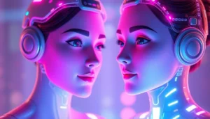 AI girlfriend engaging in a personalized, flirtatious chat on a sleek digital device, highlighting realistic interactions and emotional connection in a modern setting.