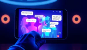 Modern AI chatbot interface on a mobile device with vibrant colors and digital characters in the background.