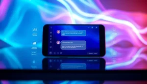 Futuristic digital chat interface on a modern device with neon accents and holographic AI features